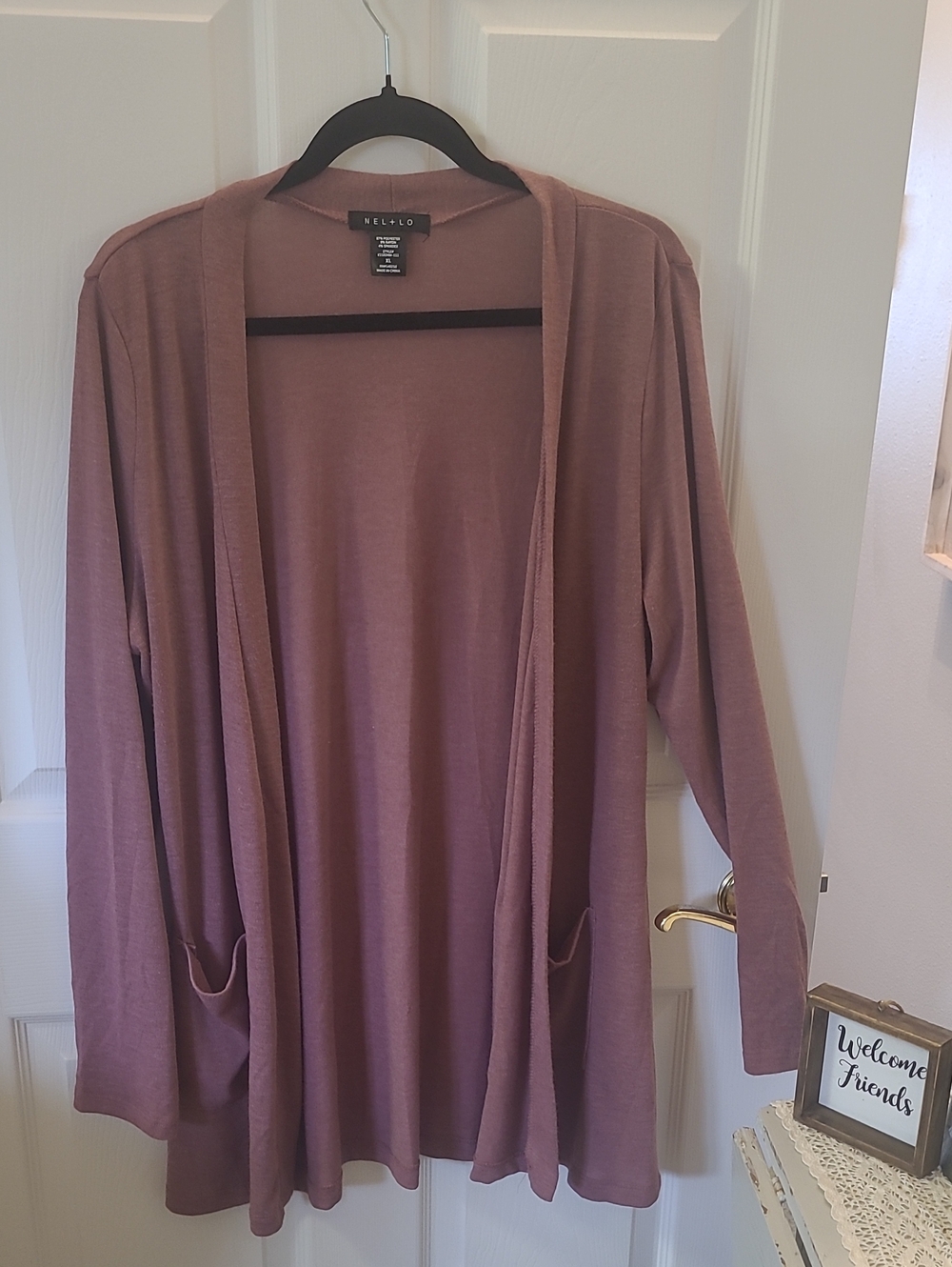 Nel + Lo Open-Front Mauve Cardigan with Pockets. Bin 6